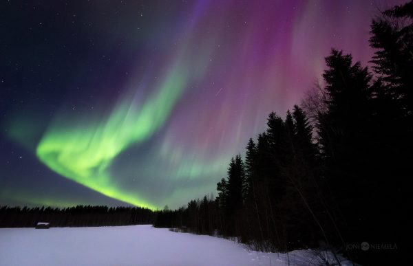 A Purple And Green Aurora Over A Snow Covered Field
