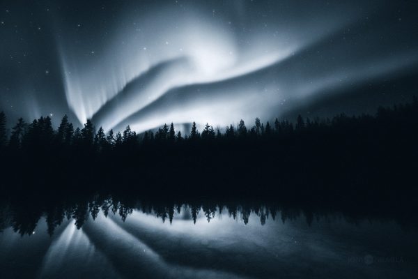 Aurora Borealis Reflection On The Water Black And White