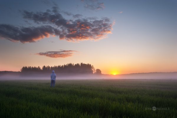 Person Standing In Field At Sunset