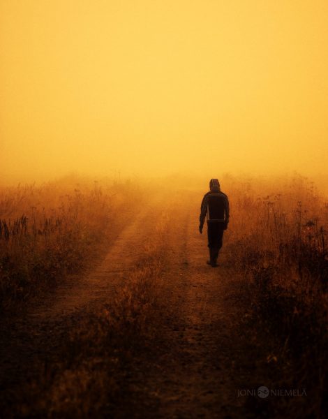 Person Walking Down A Dirt Road In Fog