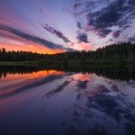 Serene Sunset Reflections Over A Calm Forest Lake In The Evening