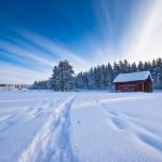 Snow Covered Field With Small Cabin In Distance