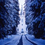 White Church Surrounded By Snow Covered Trees
